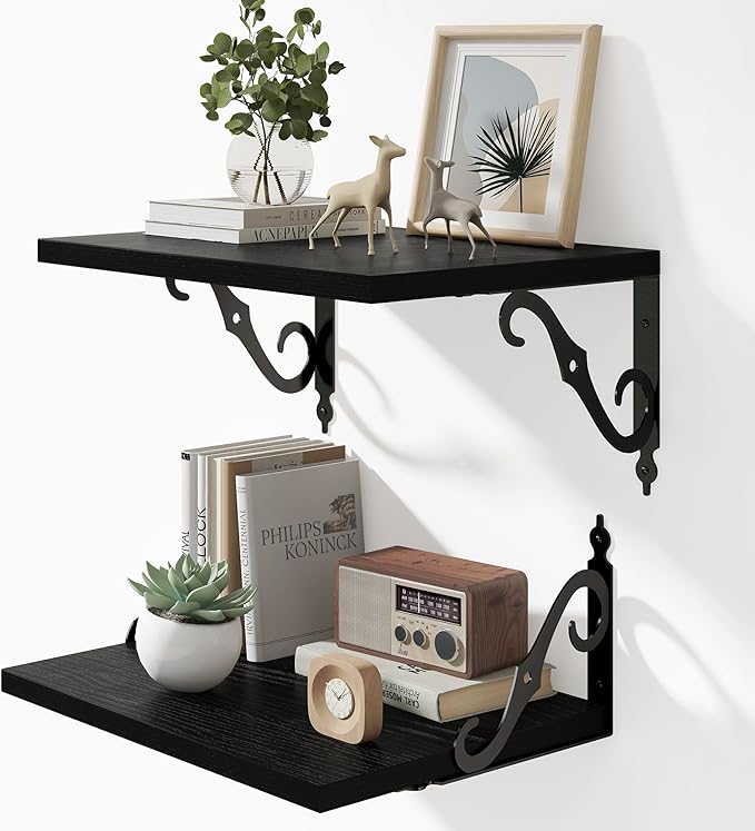 16 Inch Floating Shelves for Wall, 12 Inch Deep Floating Shelf with Bracket, Wall Shelves 16 Inches Long, Wide Display & Storage Shelves for Living Room, Bathroom, Bedroom, Black, Set of 2