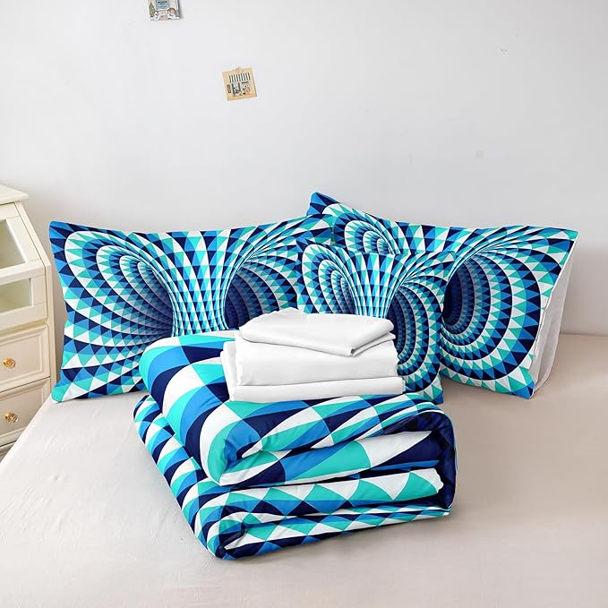 Bedorm Triangle Geometric Comforter Set 3D Abstract Bedding Set with Sheet Set Aqua Blue Triangle Tunnel Aesthetic Comforter Modern Psychedelic Bedding Comforter Set Queen