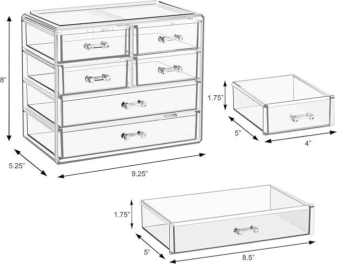 Sorbus Clear Makeup Organizer Display - Stylish Organization and Storage Case for Cosmetics, Jewelry & Hair Accessories - Space Saving Makeup Organizer for Vanity & Bathroom (2 Large, 4 Small Drawers)