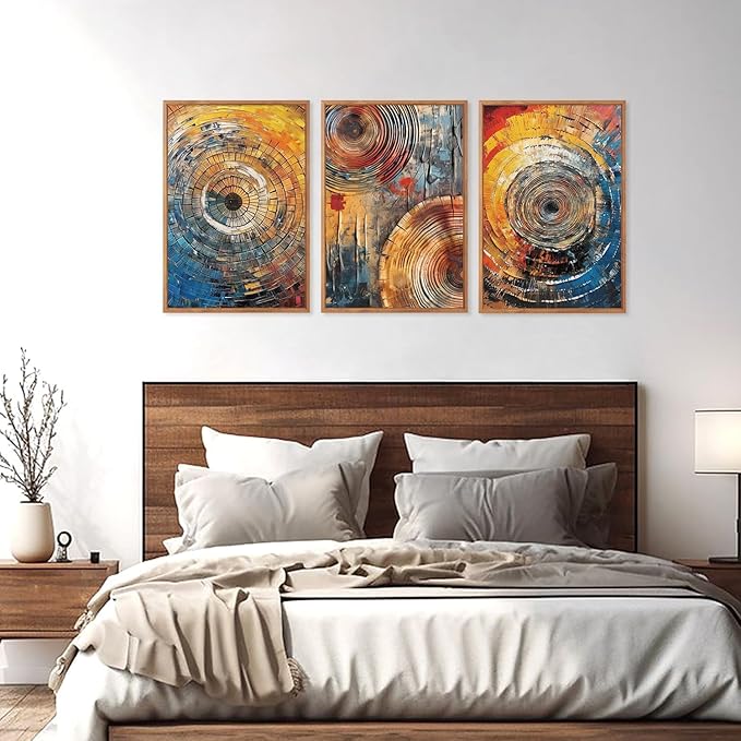 Large Colorful Tree Ring Framed Canvas Wall Art,Modern Tree Stump Wall Decor,Abstract Wood Grain Artwork,Neutral Botanical Annual Ring Art Print for Living Room,Bedroom,Office-24 x36 x3