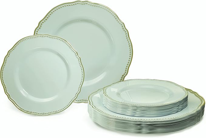 " OCCASIONS " 50 Plates Pack (25 Guests)-Heavyweight Wedding Party Disposable Plastic Plate Set -25 x 10.25'' Dinner + 25 x 7.5'' Salad/dessert plates (Rochelle Seafoam/Mint and Gold))