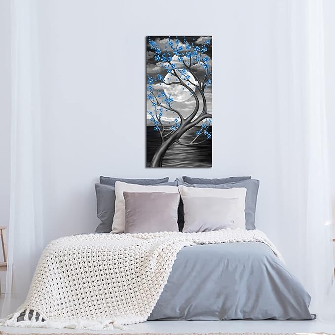KREATIVE ARTS Blue Flower Tree Wall Art for Bedroom Cherry Blossom Tree in Full Moon Night Landscape Canvas Prints Artwork for Home Wall Decoration Ready to Hang Vertical 20x40inch (Blue)