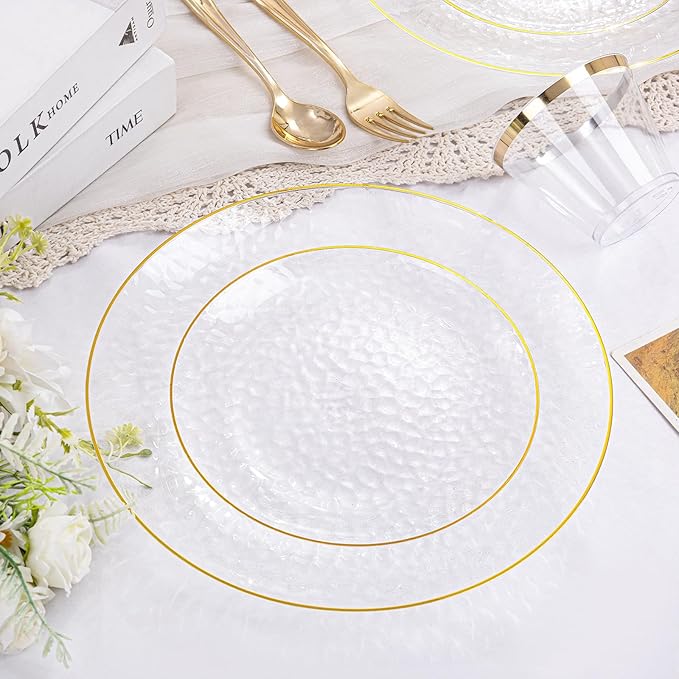 Rubtlamp 350 Pcs Clear Gold Plastic Plates, Hammered Disposable Dinnerware, Clear-Gold Plates Set Include 100 Plastic Platos, 150 Gold Disposable Silverware, 50 Cups And 50 Napkins for Party
