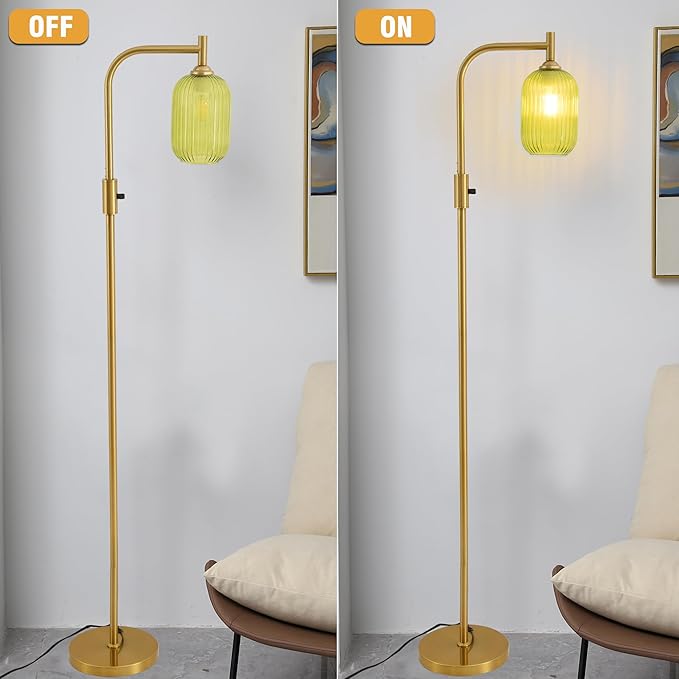 Dimmable Brass Gold Floor Lamp, Mid Century Modern Standing Lamp with Ribbed Green Glass Lampshade,Tall Lamp for Living Room Bedroom Study Room