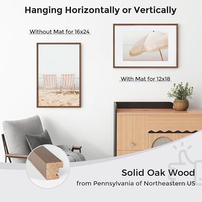 Axeman 16x24 Frame With Mat for 12x18, Solid Oak Wood 16x24 Poster Frame With Tempered Glass, 16 x 24 Picture Frame for Wall, 16 by 24 Wood Frame Home Decor, Hanging Hardware included, 2 PCs, Walnut