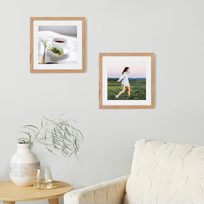 10x10 Picture Frame Set of 2, Solid Oak Wood Frame 10 x 10, 10 by 10 Wood Frames for Wall, 10x10 Picture Frame with Mat for 8x8, Square 10"x10" Photo Frames Real Glass, Natural Oak Color, 2 Pack