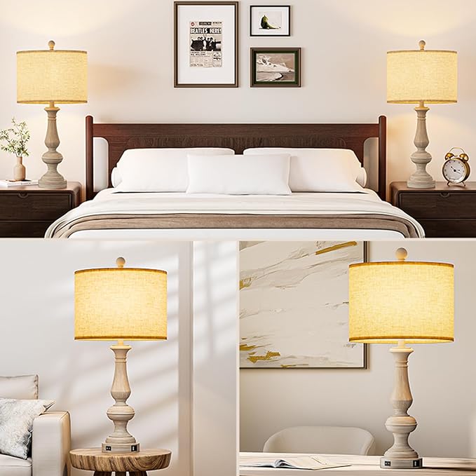 26" Farmhouse Resin Table Lamp for Bedroom Set of 2, Retro Bedside Lamps for Nightstand with USB C+A Ports, 3 Color Temperature Desk Lamp, Vintage Table Lamps for Living Room (Bulb Included)
