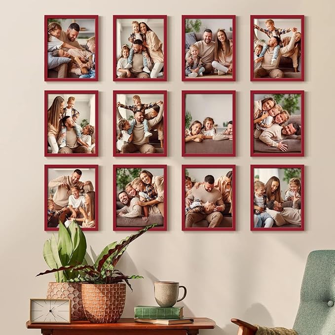 Renditions Gallery Set of 12, 11X14 Custom Photo Prints with Real Wood Picture Frames. Create Personalized Photos with Peel & Stick Photo Frames. Red Frame