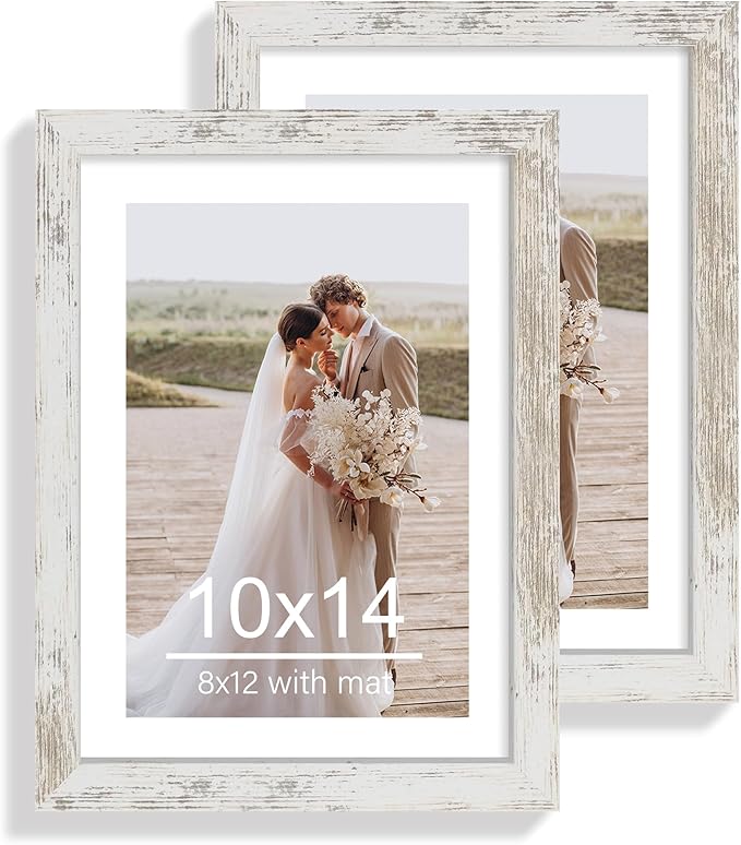 10x14 Picture Frame Set of 2, Made of Glass and Distressed White Wooden Frame, Display 8x12 Pictures with Mat or 30 x 40cm Diamond Painting Art without Mat for Wall Mounting, Gallery Photo Frames