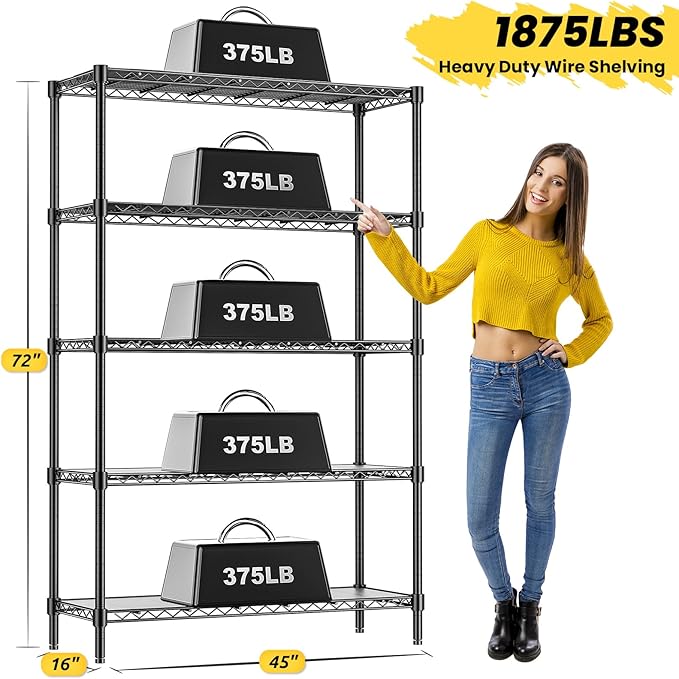 45" W Storage Shelves 5 Tier Wire Shelving with Shelf Liners, Adjustable Metal Garage Shelving, 1875LBS Heavy Duty Commercial Storage Rack for Pantry Kitchen, 45" W x 16" D x 72" H, Black