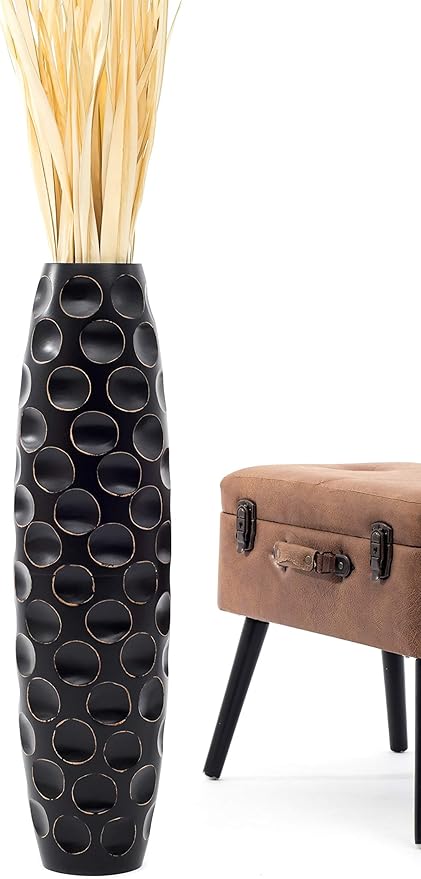 Leewadee Large Black Home Decor Floor Vase – Wooden 26 inches Tall Farmhouse Decor Flower Holder for Fake Plant and Pampas Grass