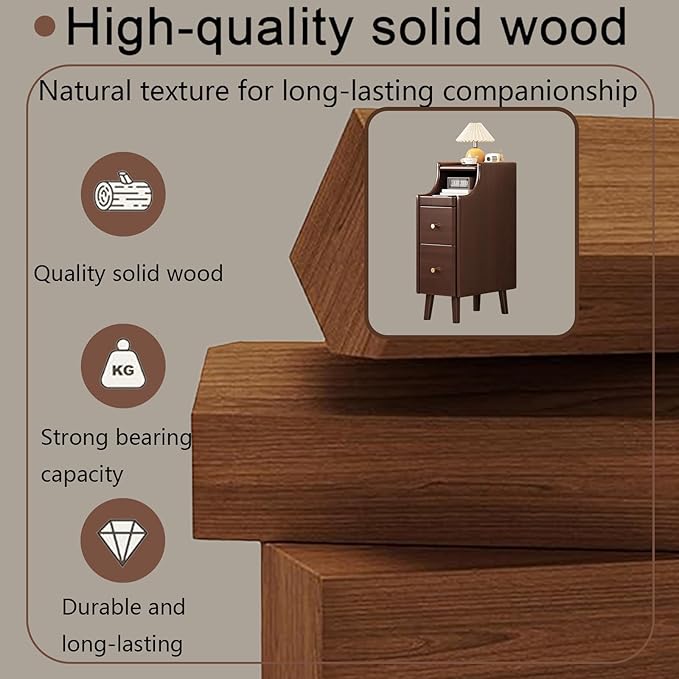 Narrow Nightstand with Drawers, Solid Wood Side Tables with Pull-Out Tray, Mid Century Modern Slim nightstand, Small Spaces Bedside Table, Skinny nightstand for Bedroom Living Room (1)