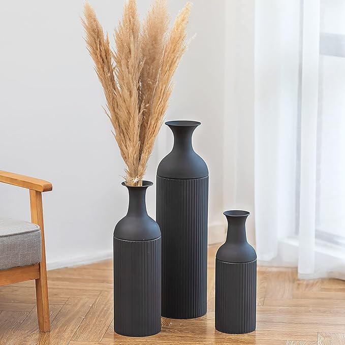Sziqiqi Black Tall Ribbed Modern Metal Vase Trio - Large 27" Tall x 20" Wide x 16" Deep for Living Room, Bedroom, Kitchen, Corridor