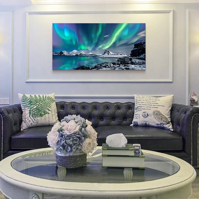Farmhouse Wall Decor For Living Room Canvas Wall Art For Bedroom Blue Aurora Scenery Paintings Modern Bathroom Canvas Art Print Ready To Hang Office Pictures For Home Kitchen wall Decorations Artwork