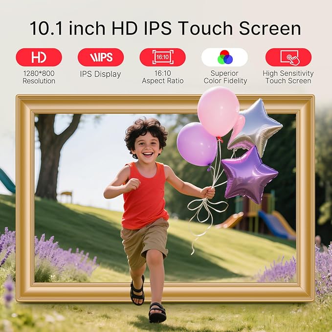 Frameo 10.1 Inch WiFi Digital Picture Frame, 1280x800 HD IPS Touch Screen Photo Frame Electronic, 32GB Storage, Auto-Rotate, Wall Mounted, Share Photos/Videos Instantly from Anywhere - Gold