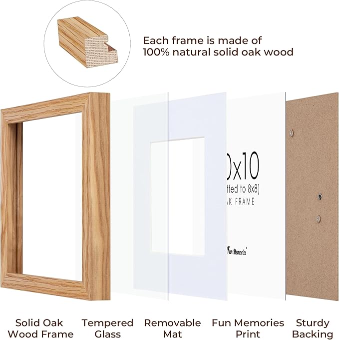 10x10 Picture Frame Set of 2, Solid Oak Wood Frame 10 x 10, 10 by 10 Wood Frames for Wall, 10x10 Picture Frame with Mat for 8x8, Square 10"x10" Photo Frames Real Glass, Natural Oak Color, 2 Pack