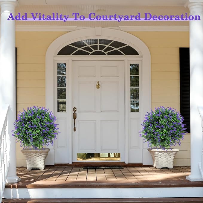 Artificial Lavender Topiary Realistic Faux Shrubs, UV Resistant Fake Plants Trees for Outdoor Front Porch Yard Landscaping Decor-2 Pack