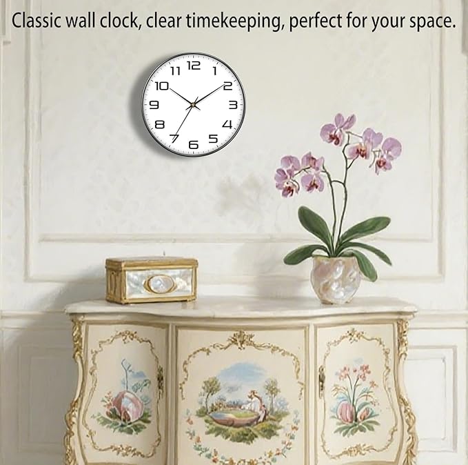 Silent Wall Clock with Extra Large Numbers - 10 Inch Modern Battery Operated Analog Clock, Tempered Glass, Non-Ticking Wall Clocks for Living Room, Bedroom, Kitchen, Office, Classroom, Black