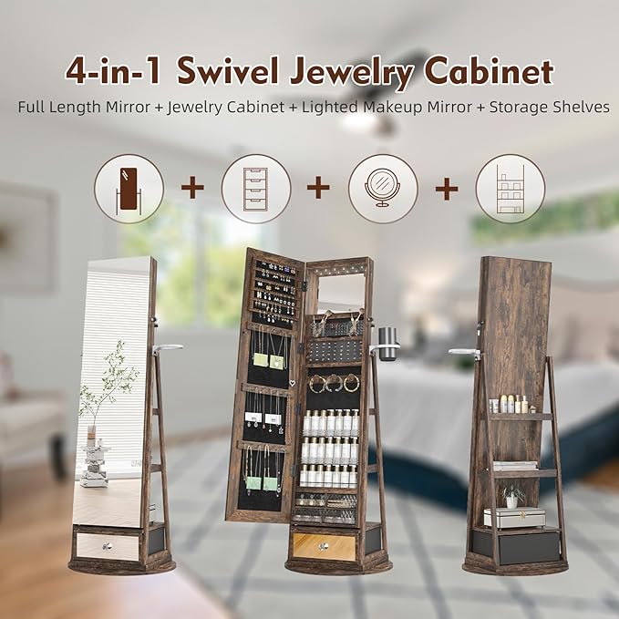 Mirror Jewelry Cabinet Standing, 360° Swivel Jewelry Armoire with 6 LED Lights, Rotatable Mirror Jewelry Organizer, Rustic Brown