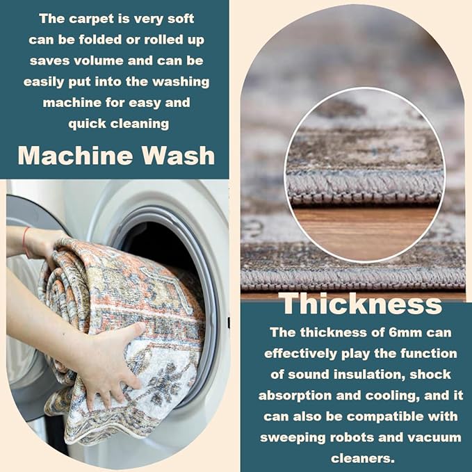 Washable Area Rug 9'x12' Boho Design Non-Shedding Easy Care Ideal for High Traffic Areas in Living Room Bedroom Office Coffee Table Kitchen Large Carpet