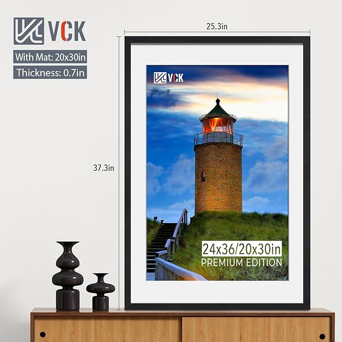 VCK 24x36 Poster Frame 5 Pack - Black, Exclusive Woodgrain Solid Wood Picture Frame, Matted to 20x30 or 24x36 without Mat, Horizontal and Vertical Formats with Included Hanging Hardware