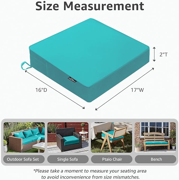 Outdoor Chair Cushions 17 x 16 x 2 Inch, Waterproof & Fade Resistant Patio Seat Cushion for Furniture with Handle and Ties, Thick Seating Pads for Outside Sofa Couch Set of 2, Teal