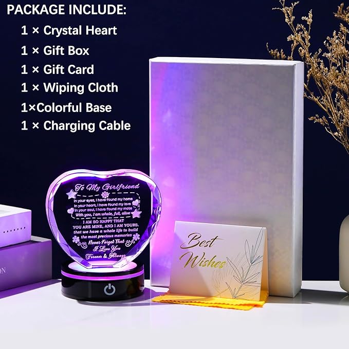 YWHL Gifts for Girlfriend with Colorful Base Romantic Heart Crystal Keepsakes to My Girlfriend Gifts from Boyfriend on Birthday Anniversary I Love You Gifts for Her