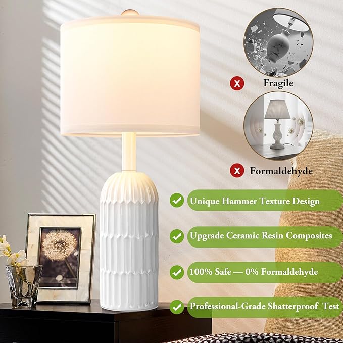 22.5" White Modern Table Lamps Set of 2 for Living Room Bedroom, Farmhouse Vintage Bedside Table Lamps with White Linen Shade, Rustic Bedroom Table Lamp for Nightstand Home Office End Table Dorm