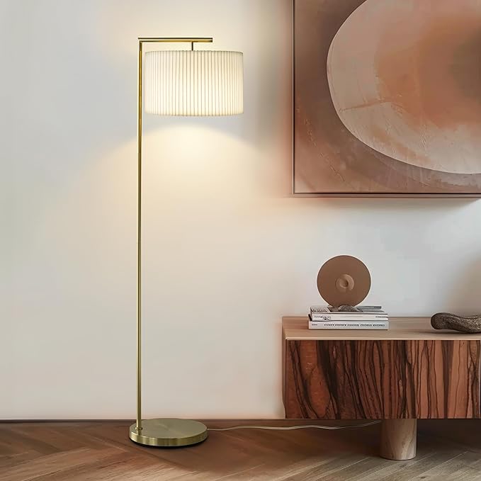 Brightech Montage Modern Floor lamp, LED Floor Lamp for Living Rooms & Offices - Tall Standing Lamp for Bedroom Reading - Corner Pole Lamp with Contemporary Pleated Shade - Gold, Antique Brass