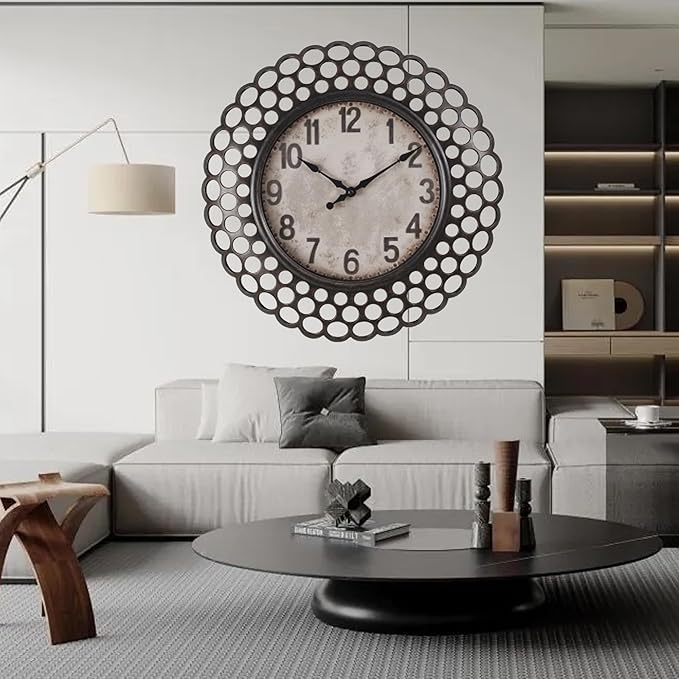 16 Inch Retro Metal Wall Clock, Silent Non-Ticking Battery Operated Round Vintage Clock Decorative for Living Room, Kitchen, Bedroom Decor,Black Arabic Number