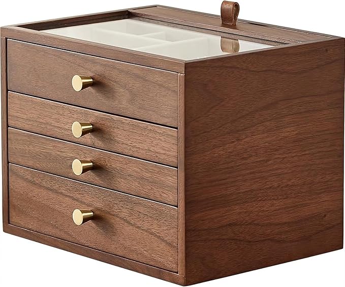 Black Walnut Wooden Jewelry Box for Women 4 Layer with Glass Lid and Pull-out Necklace Storage Layer Watch Necklace Ring Earring Storage,Gifts