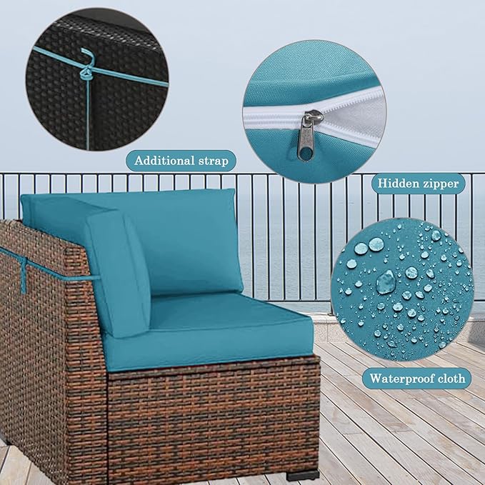 Outdoor Furniture Replacement Cushions, 14 Pcs Water-Resistant Replacement Sofa Cushion for Patio Garden Porch (Liner&Cover,Only Cushions No Sofa) (Lake Blue)