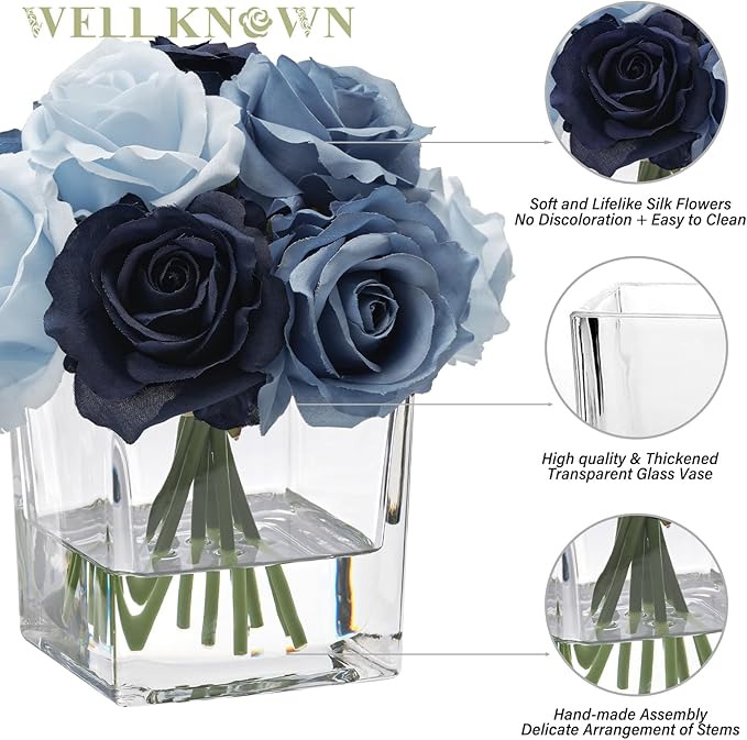 WELL KNOWN Rose Artificial Flowers in Vase with Faux Water, Silk Rose Table Centerpieces for Home Coffee Table Decor, Fake Roses Flower Arrangements for Office Hotel Lavatory Decor (Blue)