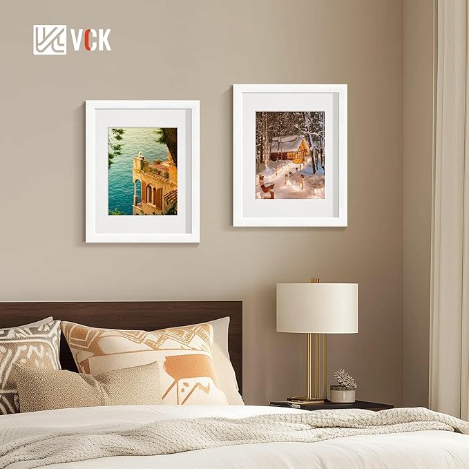 VCK 11x14 White Picture Frames with Mat, 8x10 Matted to 11x14 Wood Photo Frame with Real Glass, 2 Pack for Wall Mount, Horizontal & Vertical