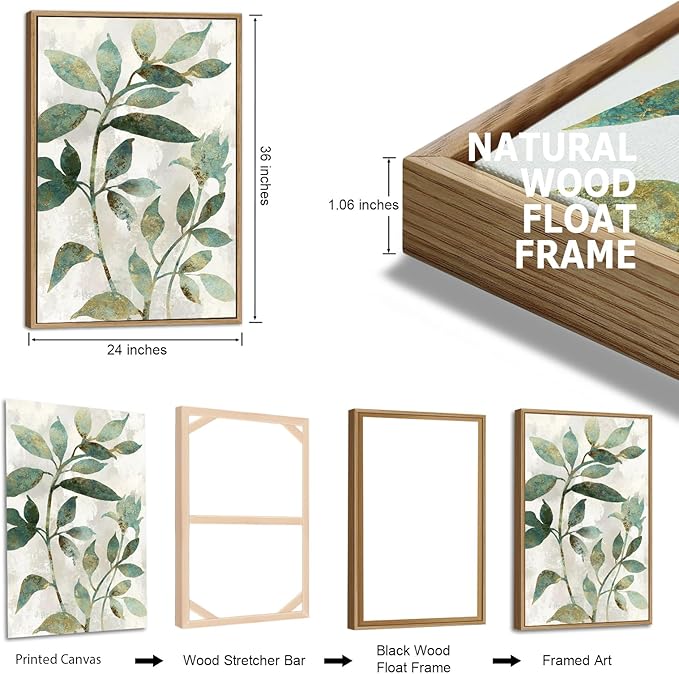 Large Framed Canvas Wall Art - Natural Float Framed Rustic Green Flowers Leaves Pictures Paintings White Grey Artwork Decor for Bedroom Living Room Kitchen Home Office Decoration 72" X 36" Set of 3