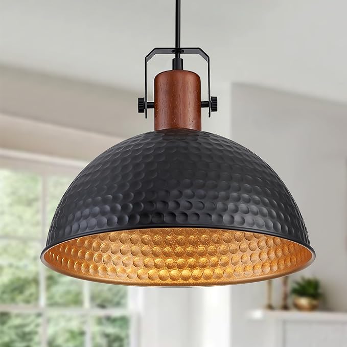 12 Inch Black Pendant Lights Hammered Matte Pendant Lights for Kitchen Island Industrial Farmhouse Adjustable Height Dome Hanging Light Fixtures for Barn, Dining Room 2 Packs