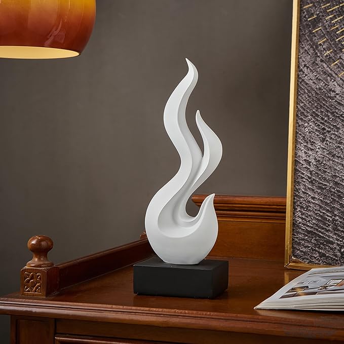 FJS White Decor Abstract Flame Statue, Modern Home Decorations for Living Room Dining Room, Resin Sculptures for Shelf Bookshelf Coffee Table Centerpiece