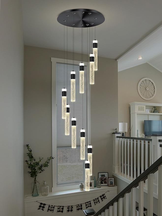 10-Light Black Modern Crystal Chandelier for Living Room Foyer Entrance 110" Long Bubble Crystal Chandelier for Loft High Ceiling Lighting Fixtures LED Lampara, 3000k-6000K