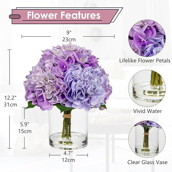 Hollyone Purple Hydrangea Artificial Flowers in Vase Latex Real Touch Large Faux Hydrangea Flowers Arrangements Hydrangeas Fake Flower with Glass Vase with Faux Water for Table Centerpiece Home Decor