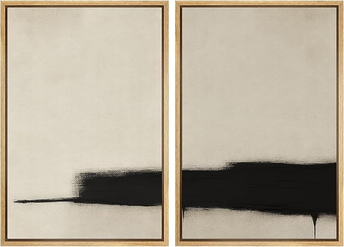 SIGNWIN Framed Wall Art Print Set Minimalist Black Brushstroke Abstract Neutral Beige and Black Illustrations Modern Art Rustic Relax/Calm for Living Room, Bedroom, Office - 24"x36"x2 NATURAL