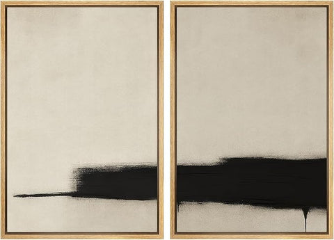 SIGNWIN Framed Wall Art Print Set Minimalist Black Brushstroke Abstract Neutral Beige and Black Illustrations Modern Art Rustic Relax/Calm for Living Room, Bedroom, Office - 24"x36"x2 NATURAL