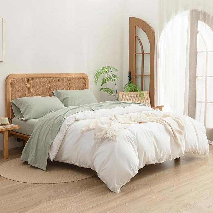 BESTOUCH Sheet Set 100% Washed Cotton Linen Feel Super Soft Comfortable Chic Lightweight 4 Pcs Home Bedding Set Solid Sage Green Queen