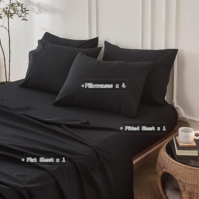 6PS Linen Like Bedding Sheet Sets Black Queen Size Cotton Bedding Set Oeko-TEX Standard 100% Washed Cotton Deep Pocket Queen Size Fitted Sheet Plus Cozy Flat Sheet and 4 Pillowcases