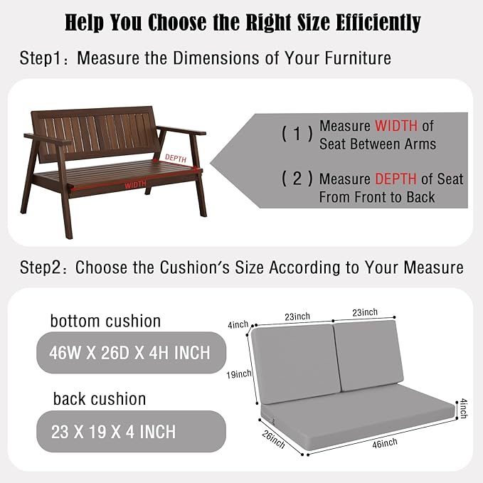 idee-home Outdoor Loveseat Cushions, Waterproof Patio Loveseat Cushion, Outside Couch Hampton Bay Deep Seat Cushion Replacement Set, Patio Love Seat Sofa Cushions for Furniture, 46" x 26" Grey