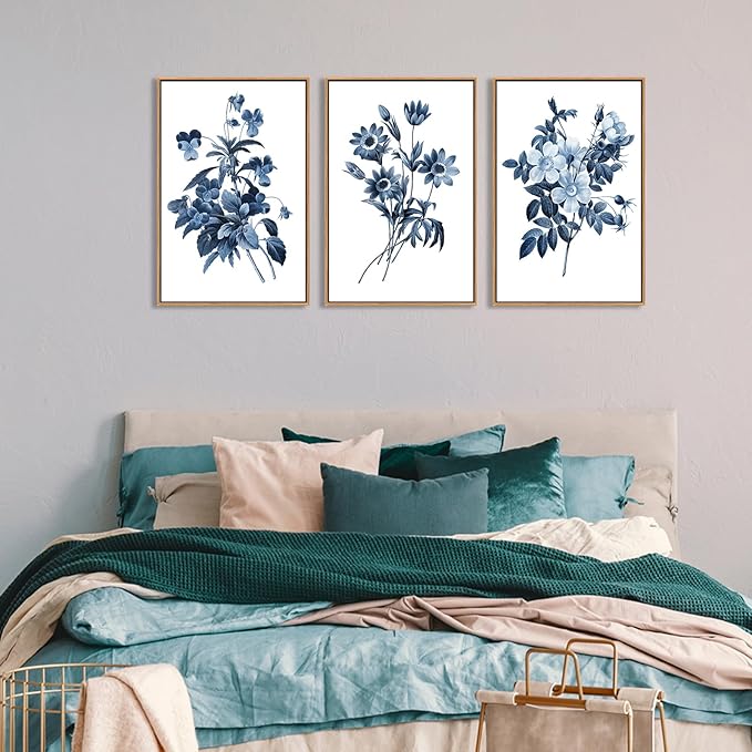 Large Framed Canvas Wall Art - Natural Float Framed Indigo Flowers Picturtes for Living Room Decor Retro Blue Floral Botanical Artwork Plants for Bedroom Kitchen Home Office Decor 48" X 24" Set of 3