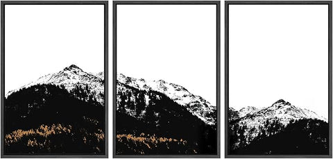 SIGNWIN 3 Piece Framed Canvas Wall Art Black and White Mountain Tops Photo Nature Wilderness Illustrations Abstract Traditional Home Artwork Decoration for Living Room,Bedroom - 16"x24"x3 Black