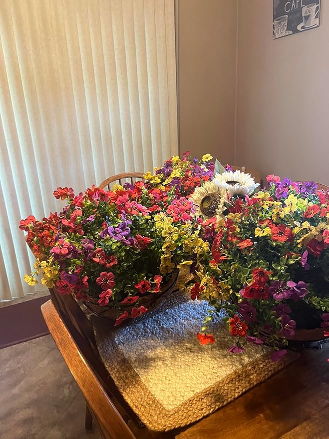 Artificial Faux Hanging Plants Flowers Basket for Summer Autumn, Colorful Daisy Flowers Eucalyptus UV Resistant Look Real for Outdoor Outside Porch Decoration