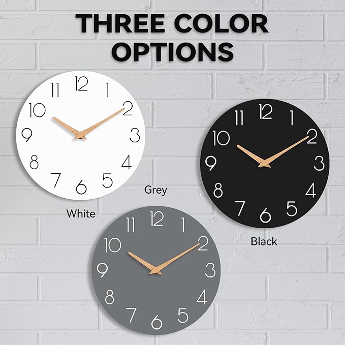Wall Clock, 12 Inch Wooden Silent Non-Ticking, Decorative Battery Operated Wall Clocks for Bedroom, Kitchen, Home, Living Room, Office, School, Hotel (White)