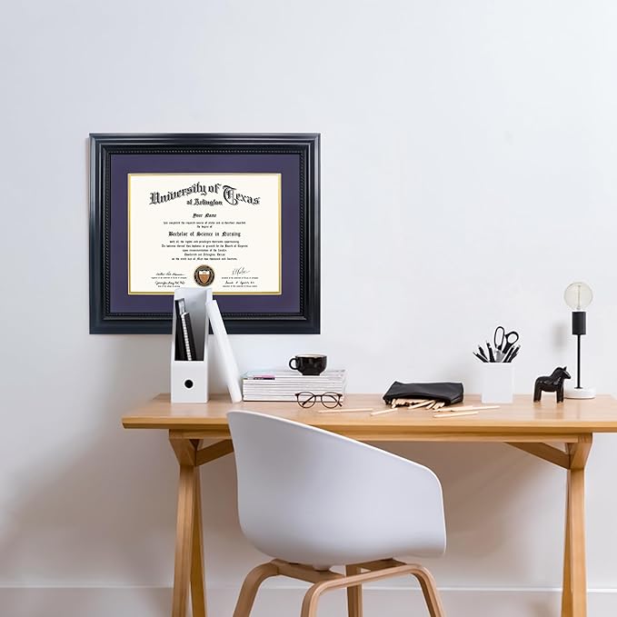 11x14 Diploma Degree Frame with Purple Mat or Display 15x18 Certificates without Mat,Solid Wood,Black Finish with Intricate Black Rope Detail,UV Protection Acrylic