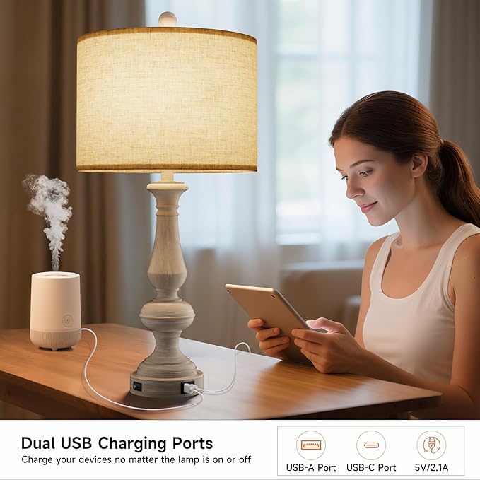 26" Farmhouse Resin Table Lamp for Bedroom Set of 2, Retro Bedside Lamps for Nightstand with USB C+A Ports, 3 Color Temperature Desk Lamp, Vintage Table Lamps for Living Room (Bulb Included)